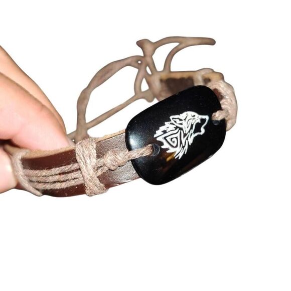 Celtic Bohemian Wolf Leather Tie Bracelet - Picture 2 of 3